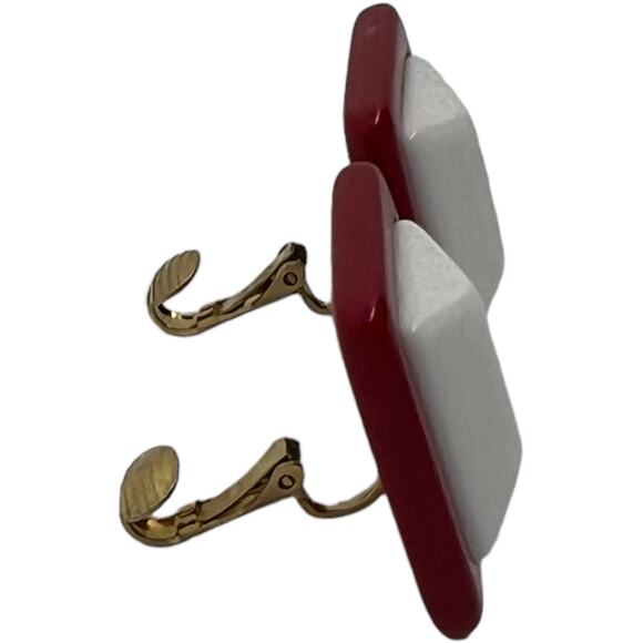 1980s Retro Raspberry Pink & White Geometric Clip-On Earrings Statement Jewelry - Picture 5 of 8